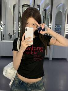 Women's Round Neck Short Sleeve T-Shirt, Summer New Letter Print, American Hot Girl Style, Fashion Casual Versatile Slim Fit Cropped Top Black - Black - View 10
