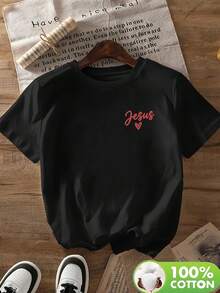 Soft Breathable Crew Neck T-Shirt For Women, Ornate Red Jesus Heart Faith Print, Suitable For Church And Sports, Fast Local Warehouse Delivery - 黑色 - 查看 4
