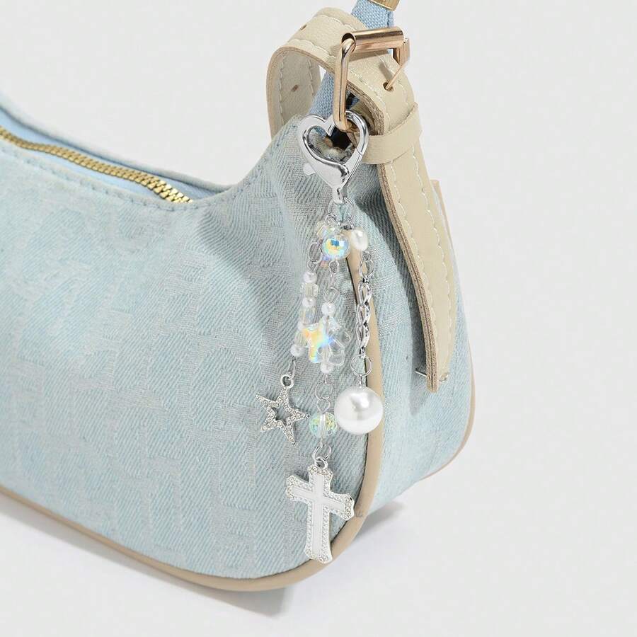 Y2K Star Cross Bag Charm, Silver Heart Beaded Chain Pendant With Pearl Decor, Cute Phone Strap Handbag Keychain Accessory - Multicolor - View 1