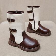 Girls' Vintage Colorblock High-Top Boots, Autumn/Winter British Style Buckle Side Zipper Mid-Calf Leather Boots - Brown - View 8