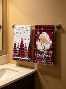 4 toallas de cocina navideñas (2 de mano 2 de baño) con diseño festivo: Papá Noel y árbol de Navidad estampados en frente, combinación clásica de cuadros rojos y negros en el reverso.Hechas en algodón suave y absorbente (380 gm²), ideales para uso diario en cocina, baño o como paños multiusos.Perfectas para limp - Caqui - Ver 2