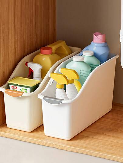 1/2pcs PP Plastic Curved Storage Boxes (White/Beige) - Space-Saving Cabinet Organizer Boxes, Suitable For Under Sink, Bathroom, Storage Room And Kitchen Gaps | Drawer Design With Dividers, Perfect For Storing Cleaning Supplies, Snacks And Household Items, Space-Saving And Keeping Organized