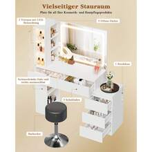 Devoko Vanity Table With LED Mirror, Dressing Table With 5 Drawers, 3 Illuminated Display Cabinets, Open Shelves, Bag Storage, Power Panel, And Selectable Chair Combination, White - 查看 5