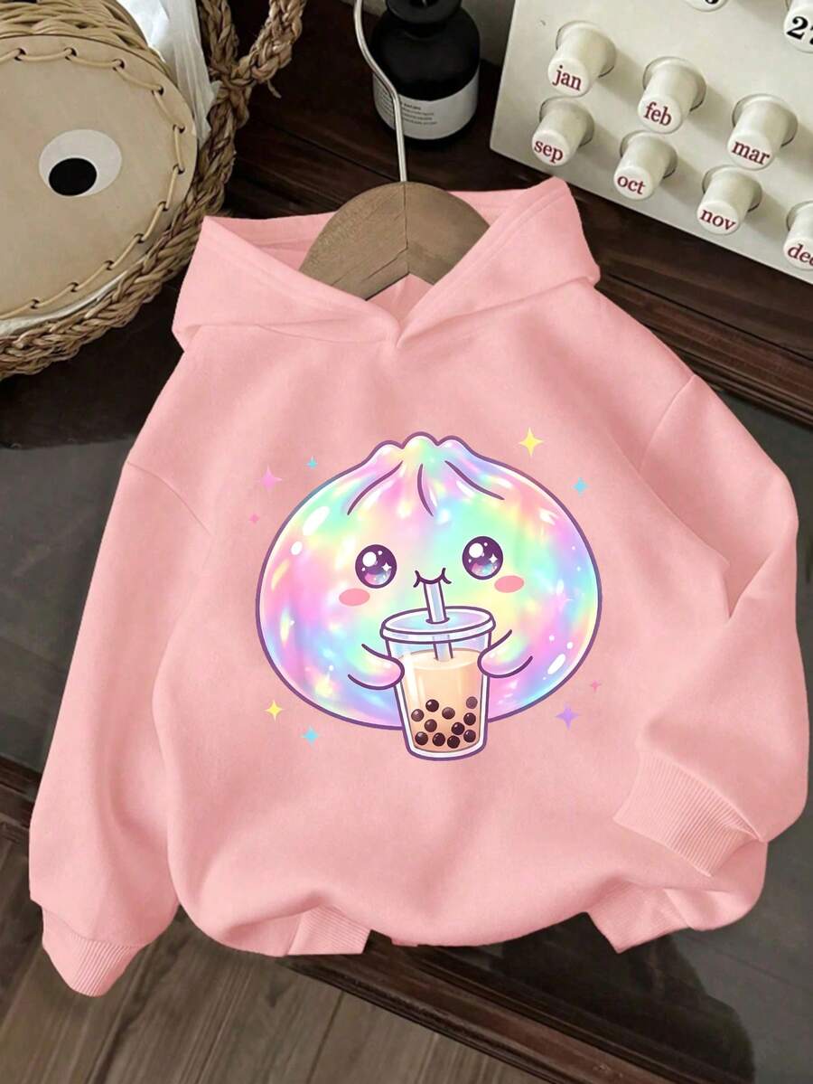 Tween Girl Fun Print Sweatshirt, Warm And Comfortable Thermal Lined Pullover Sweatshirt For Autumn/Winter - Pink - View 1