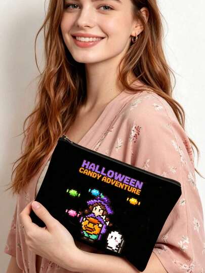 1/5pcs Halloween Pixel Art Makeup Bag - Portable Zippered Cosmetic Storage Bag With Cute Witch And Ghost Design, Suitable For Travel Storage, Fashionable For Women And Girls, Toiletries Bag, Holiday Gift Choice, Black Canvas Candy Adventure Theme Makeup Box, Compact And Portable Beauty Supplies Storage Bag, Suitable For Carrying, Accessory For Halloween Enthusiasts, Durable And Sturdy, Can Store Cosmetics And Small Items, Exquisite Gift For Friends And Family Who Love The Spooky Season, Perfect For Storing Lipstick And Brushes