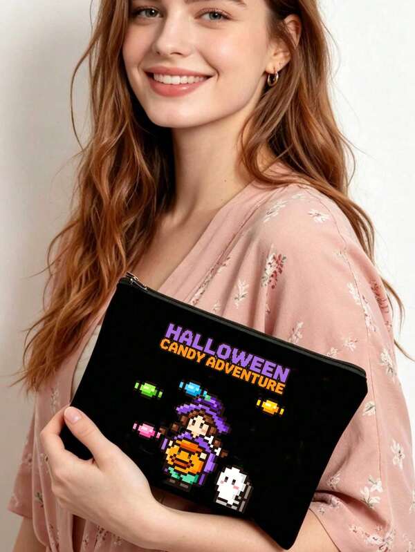 1/5pcs Halloween Pixel Art Makeup Bag - Portable Zippered Cosmetic Storage Bag With Cute Witch And Ghost Design, Suitable For Travel Storage, Fashionable For Women And Girls, Toiletries Bag, Holiday Gift Choice, Black Canvas Candy Adventure Theme Makeup Box, Compact And Portable Beauty Supplies Storage Bag, Suitable For Carrying, Accessory For Halloween Enthusiasts, Durable And Sturdy, Can Store Cosmetics And Small Items, Exquisite Gift For Friends And Family Who Love The Spooky Season, Perfect For Storing Lipstick And Brushes