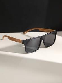 Wood Grain Retro Rectangular Plastic Aviator Glasses, Classic Fashion Outdoor Beach Casual Glasses, Summer UV Protection Driving Eyewear Unisex - Black - View 2