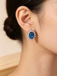 1 Pair Fashionable Elegant Elegant Cubic Zirconia Flower Stud Earrings Suitable For Women's Daily Wear, Party, Holiday Gift - Blue - View 3