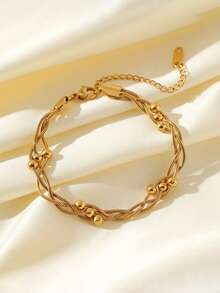 RAYQUEEN 1pc 2 Stainless Steel Round Bead 3-Layer Chain Woven Geometric Design Personalized Bracelet For Women, Suitable For Daily Wear - Gold - View 3