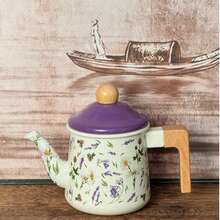 Vintage British Street Pattern Enamel Teapot, Wooden Heat-Resistant Handle Teapot, Stove-Top Coffee Pot, INS Style Home Afternoon Tea Tabletop Decor Gift - Multicolor - View 6