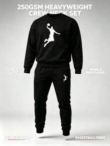 250g Heavyweight Fabric Men's Basketball Pattern Crewneck Sweatshirt And Pants Two Pieces Set, Simple Casual Autumn And Winter Sportswear Black - Black - View 3