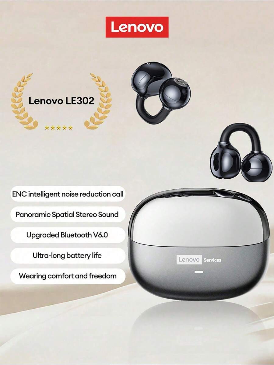 Lenovo LE302 藍牙耳夾式開耳式耳機，全景音效、立體環繞聲、低延遲，適用音樂遊戲，ENC 降噪、HD 通話，無線耳機兼容智慧型手機與電腦，禮品