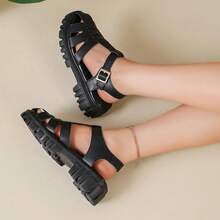 Women's Black Punk Style Buckle Solid Color Wedge Sandals With Strap Detail, Spring/Summer Outfit - Black - View 2