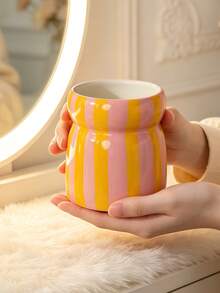 Soporte de brochas de maquillaje de cerámica lindo, organizador de brochas de cosméticos con rayas de colores para tocador, taza de almacenamiento de belleza estética, contenedor de herramientas de maquillaje estilo coreano, decoración moderna del hogar para dormitorio, baño y tocador - Multicolor - Ver 10