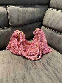 Dedoo Crescent-Shaped Shoulder Handbag, Fully Rhinestone Decorated, Adjustable Rhinestone Strap With Knot Detail, Eye-Catching Bag For Women's Evening Party And Nightclub Occasions - Pink - View 6