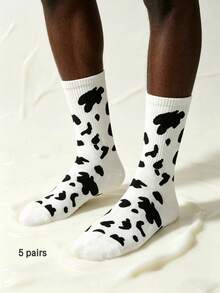 3 Pairs Unisex Black & White Cow Print Mid-Calf Socks, Street Style Casual Socks Suitable For All Seasons - Multicolor - View 6