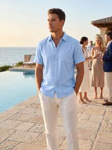 Hawaiian Style Linen Loose Casual Men's Henley Collar Lapel Pocket Solid Color Short Sleeve Shirt Cardigan - Baby Blue - View 9