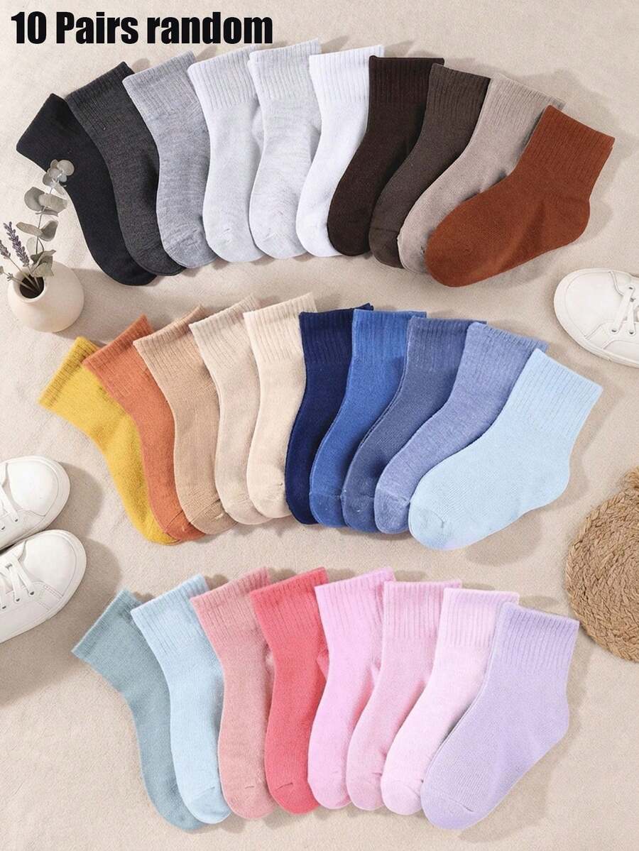 10 Pairs Random Kids Solid Color Sports Socks, Soft Ribbed Mid Calf ...