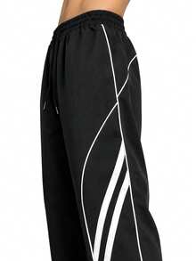 Street Retro Elastic Drawstring Casual Long Pants, Symmetrical Wave White Line Outline, Draped Wide Leg Summer Quick-Dry Woven Long Pants, Track Functional Style Men's Sports Long Pants - Black - View 5