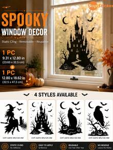 SupSticker 1PC Halloween Window Cling, 4 Styles Spooky Black Silhouette, Reusable No Adhesive Glass Decal For Home Party Decor - 1PC - View 1
