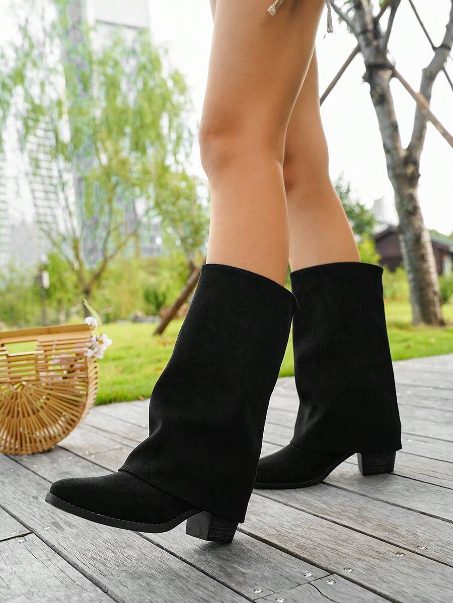 Sepatu Bot Panjang Minimalis Maillard Hak Tebal Model Baru untuk Wanita, Koleksi Musim Semi/Gugur, Ukuran Plus, Sepatu Bot Longgar Serbaguna dan Modis yang Dapat Dipersonalisasi - Hitam - View 1