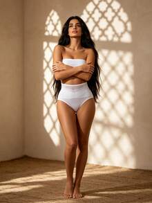 1pc Plus Size High Waist Breathable Lace Fiber Fabric Shaping Panties, Mesh Criss-Cross Woven Design Triangle Briefs - White - View 11