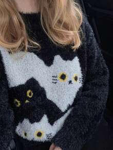 Sweater Rajut Pullover Bulu Imitasi Motif Kucing Lucu untuk Anak Perempuan, Cocok untuk Pakaian Kasual Sehari-hari di Musim Semi, Gugur, dan Dingin. - Hitam - View 3