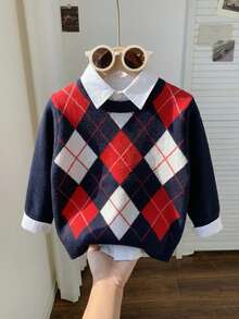 Boys' Knit Colorblock Plaid Pattern Jacquard Crew Neck Sweater Long Sleeve Pullover Autumn Winter 3 Randomly Sent 1 - Red - View 2