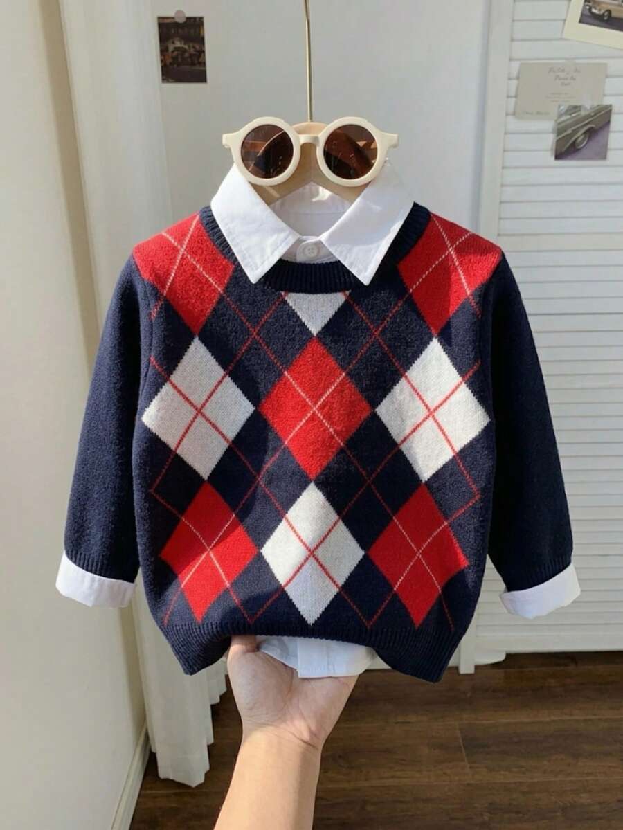 Boys' Knit Colorblock Plaid Pattern Jacquard Crew Neck Sweater Long Sleeve Pullover Autumn Winter 3 Randomly Sent 1 - Red - View 1