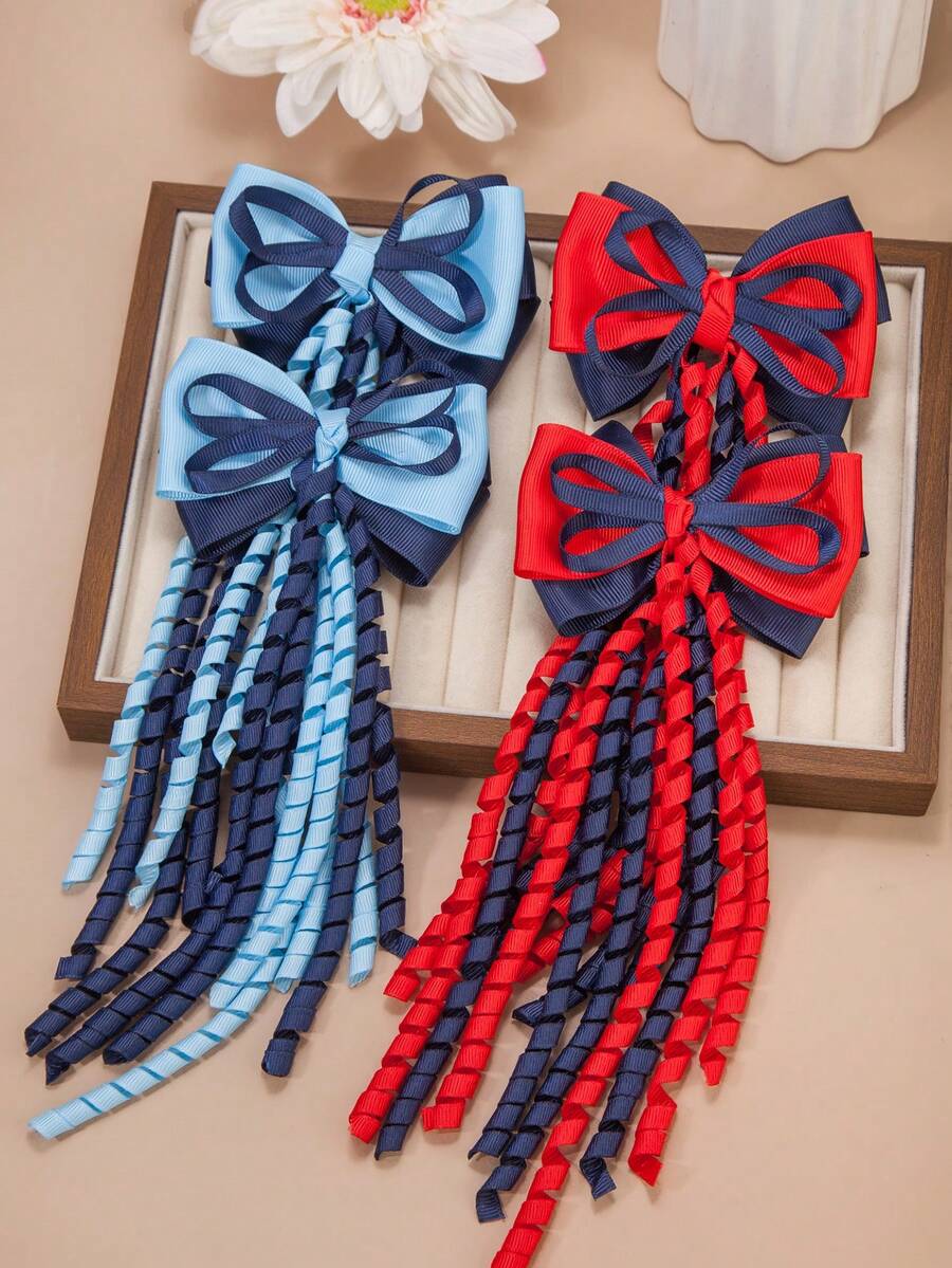 4/2pcs Double Layer Contrast Color Bow Hair Clips With Curly Tassel Satin Ribbon, Sweet Cute Bow Hair Clips For Girls, Daily Party COS Styling Hair Accessories, Back To School Gift For Kids - Mixed color - View 1