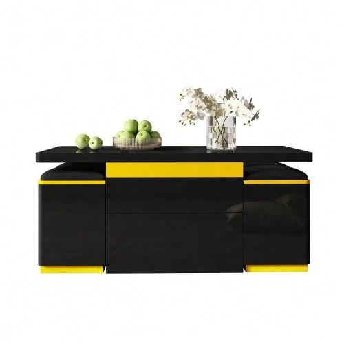 Modern Glossy Black Coffee Table,Elegant Side Table,Height-Adjustable Multifunctional Coffee Table,Foldable Dining Table/Living Room Furniture,100 X 50 X 43 Cm (L X W X H) - Black - View 1