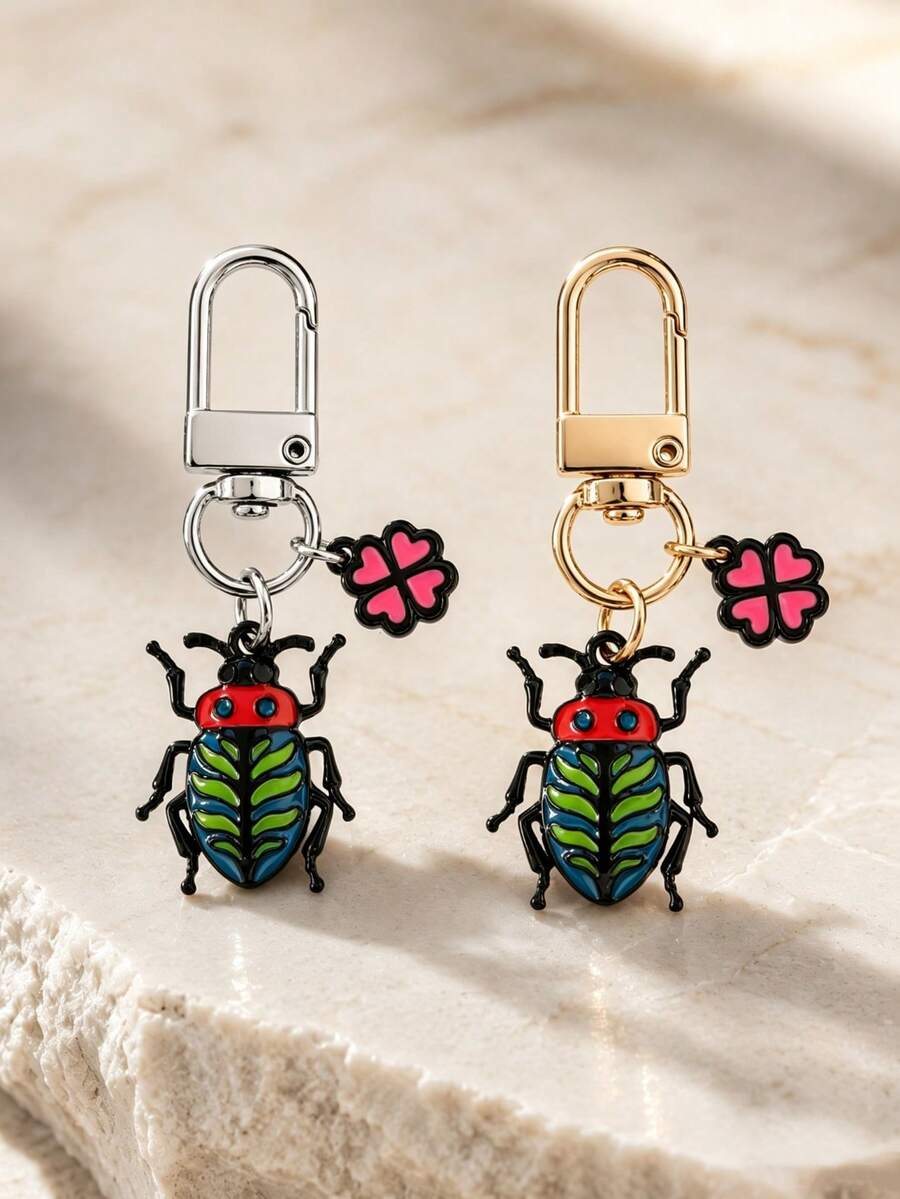 1pc/2pcs Unisex Alloy Oil-Drip Beetle Insect Pendant Dual-Color Four-Leaf Clover Accessory Keychain Creative Bag Charm - Multicolor - View 1