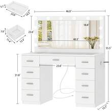 46" Vanity Desk With Glass Top & Lights Mirror, 3 Adjustable Lighting Color, Makeup Vanity With 9 Drawers And 12 LED Lights, Dressing Table For Bedroom, Vanity For Girls, White - White - View 6