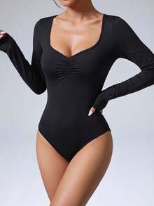 1pc All-Season Long Sleeve Sports Jumpsuit, Square Neck Design, Slimming Ruched Chest, Fashionable Comfortable Versatile Black - Black - View 5