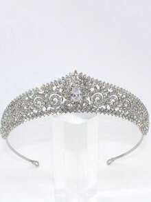 1pc Fashionable Luxurious Super Shiny Zirconia Crown Bridal Headpiece Korean Style Birthday Tiara Hair Accessory For Wedding Dress And Formal Gown - Style 1 - View 2