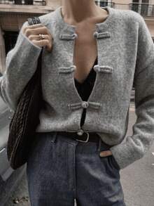 Women's Chinese Style Round Neck Single-Breasted Button-Up Long Sleeve Minimalist Commuter Loose Basic Solid Color Thick Warm Cardigan Sweater, Versatile For Autumn/Winter - Grey - View 1