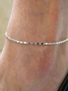 1pc Slim Simple Anklet,Single Shiny Flat‑Link Chain Design,Sparkle Metal Flat Chain,Minimalist Jewelry Women Daily Gathering Holiday Gift‑Giving - Anklets - View 2