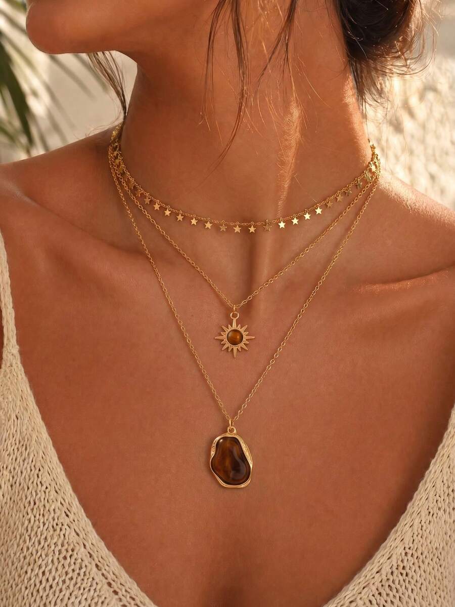 3pcs/Set Niche Design Star Tassel Gold Necklace Set, Popular Tiger Eye Stone Sun Geometric Pendant Decor, Women's Neck Jewelry Suitable For Daily Wear, Vacation, Party And Date, Chain Length Cut By Section, Number Of Sections Not Fixed - Multicolor - View 1