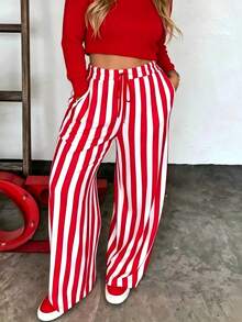 Celana Panjang Wanita Ukuran Plus Motif Garis Vertikal dengan Tali Serut dan Potongan Lebar, Desain Pinggang Tinggi dengan Tali Serut dan Efek Lipatan, Celana Santai Kasual Serbaguna yang Menawan untuk Liburan - Merah - View 1