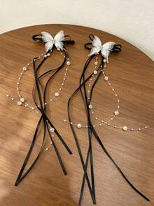 2pcs Mesh Butterfly Long Streamer Beaded Tassel Hair Clip, Bangs Side Clip, Princess Style, Suitable For Valentine's Day Decoration, Daily, Party, Valentine's Day Use (No Card, Handmade, Bowknot May Not Be Separated Due To Packaging Compression, Consistent With Displayed Effect) - Multicolor - View 9