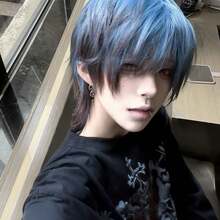 Men Full Wig Black Blue Gradient Wolf Cut Short Hair Root Bleach Blue Cosplay Anime Face Slim Synthetic Fluffy Texture Lightweight Breathable Adjustable Fit Halloween Cosplay Daily Attire Wigs For Cosplay Wigs For Halloween Costume Wigs - [Blue-black Gradient] + Hairline - View 4