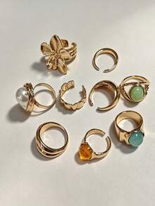 Set de 9 anillos de metal vintage con diseño minimalista francés personalizado, adecuado para fiestas, regalos y uso diario - Multicolor - Ver 4