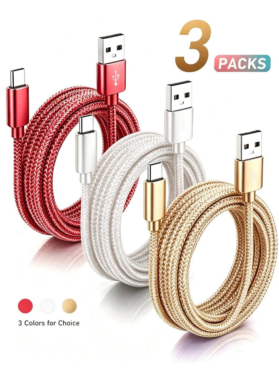 3件組尼龍編織USB-A轉Type-C快充線，3.3/6.6/10英尺充電線，相容於 Galaxy S23 S22 Ultra A系列、16 15系列及所有Type-C設備，手機配件、汽車配件，相容於 16/16 Pro/16 Pro Max/16 Plus/15/15 Pro/15 Plus/15 Pro Max/17/17 Pro Max，亦支援快充，相容於小米、Note 20、10、S10、S9 Plus、A12、A11、A52、Pixel 6、5、4、4a、3aXL等其他設備 - 彩色 - 查看 1