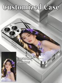 1pc Customizable Electroplated Tempered Glass Phone Case, Design With Your Own Photo (Selfie/Family/Pet/Friend), Ideal Gift For Mom, Girlfriend/Boyfriend, Family, Friends, Birthday, Holiday - Multicolor - View 1