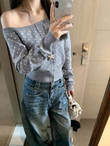 Polka Dot Knit Cardigan Women Spring Autumn New Asymmetrical Neck Slim Fit Sweater Slimming Long Sleeve Design Niche Asymmetrical Top - Grey - View 5