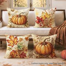 4pcs Autumn Vintage Letter Maple Leaf Pumpkin Pillow Covers, Single-Sided Printed Skin-Friendly Peach Skin Velvet Material, 45*45CM Cushion Covers Suitable For Home Bedroom Living Room Room Party Decoration, Watercolor Hand-Painted Pumpkin Autumn Atmosphere Sofa Decorative Cushion Covers Holiday Gift Giving, Pillow Insert Not Included - Multicolor - View 4