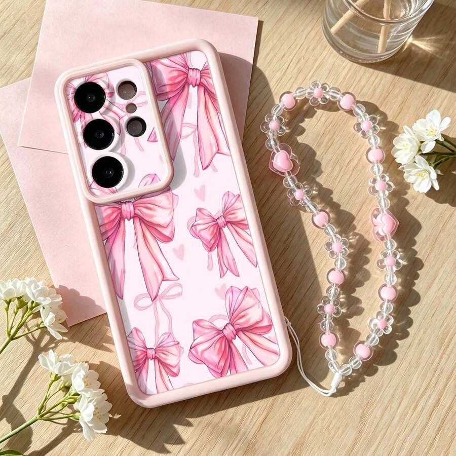 1pc Pink TPU Shockproof Protective Phone Case With Bow Pattern, Detachable Hand Strap And Bracelet Accessory, Perfect For Girls' Daily Use, Compatible With Galaxy S26/Galaxy A17/A57/ Y17S/ A3X And Honor 200/ And Other Android Series - Pink - View 1