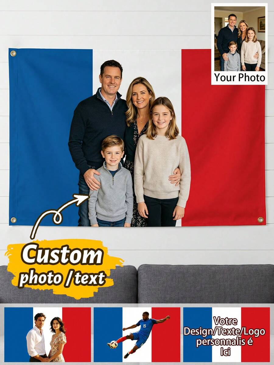 1pc Customized French Flag Photo Banner, Personalized Garden Flag Wall Decor, Custom Tapestry Image & Text Display, Suitable For Home Party Holiday Celebration, Customizable Design/Image/Text/Logo, Holiday Birthday Anniversary Gift For Friends And Family - Style E - View 1