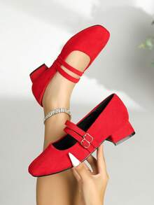 GraceSoon 2026 Elegant Summer Women's High Heel Pumps, Khaki Square Toe 3CM Chunky Heel Mary Jane Shoes, Comfortable Versatile, Suitable For Shopping, Dating, Party, Banquet, Valentine's Day - Red - View 1