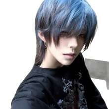 Men Full Wig Black Blue Gradient Wolf Cut Short Hair Root Bleach Blue Cosplay Anime Face Slim Synthetic Fluffy Texture Lightweight Breathable Adjustable Fit Halloween Cosplay Daily Attire Wigs For Cosplay Wigs For Halloween Costume Wigs - [Blue-black Gradient] + Hairline - View 3